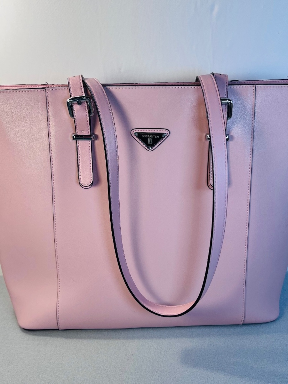 Bostanten Leather Tote/Laptop Bag. Light Pink with Brown Fabric Lining. 13 inch